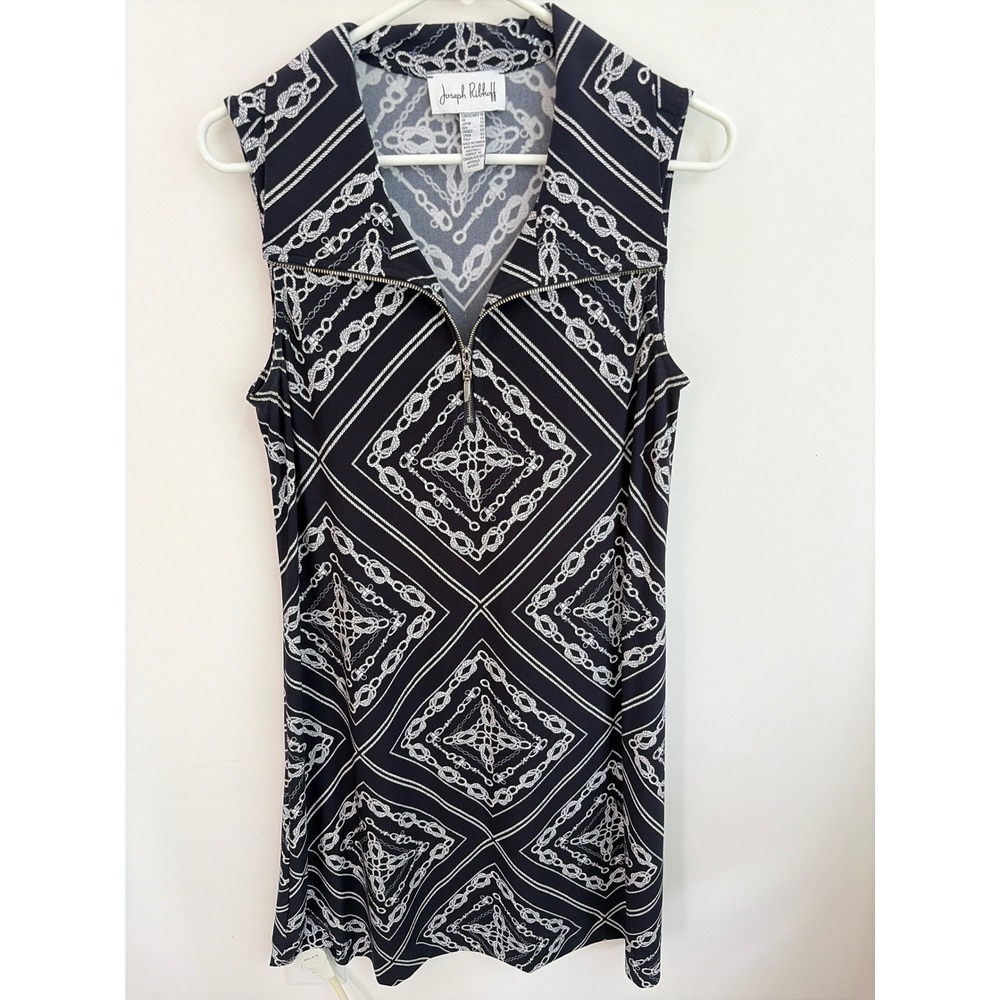 Joseph Ribkoff Sleeveless Dress 10 Nautical Navy White Chain Print Zip Neckline